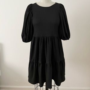 Stradivarius Black Scoopneck Babydoll Knit Tiered Balloon Puff Sleeve Mini Dress